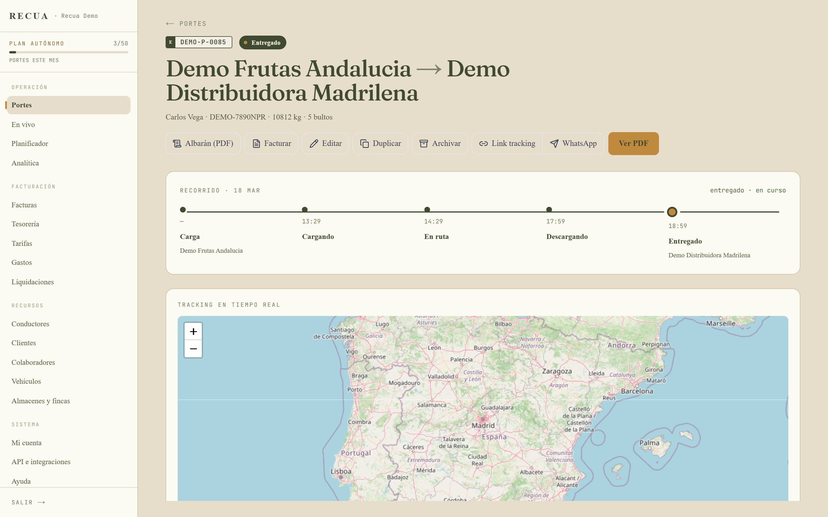 Detalle de un porte en Recua: línea de tiempo de carga a entrega y mapa de la ruta real