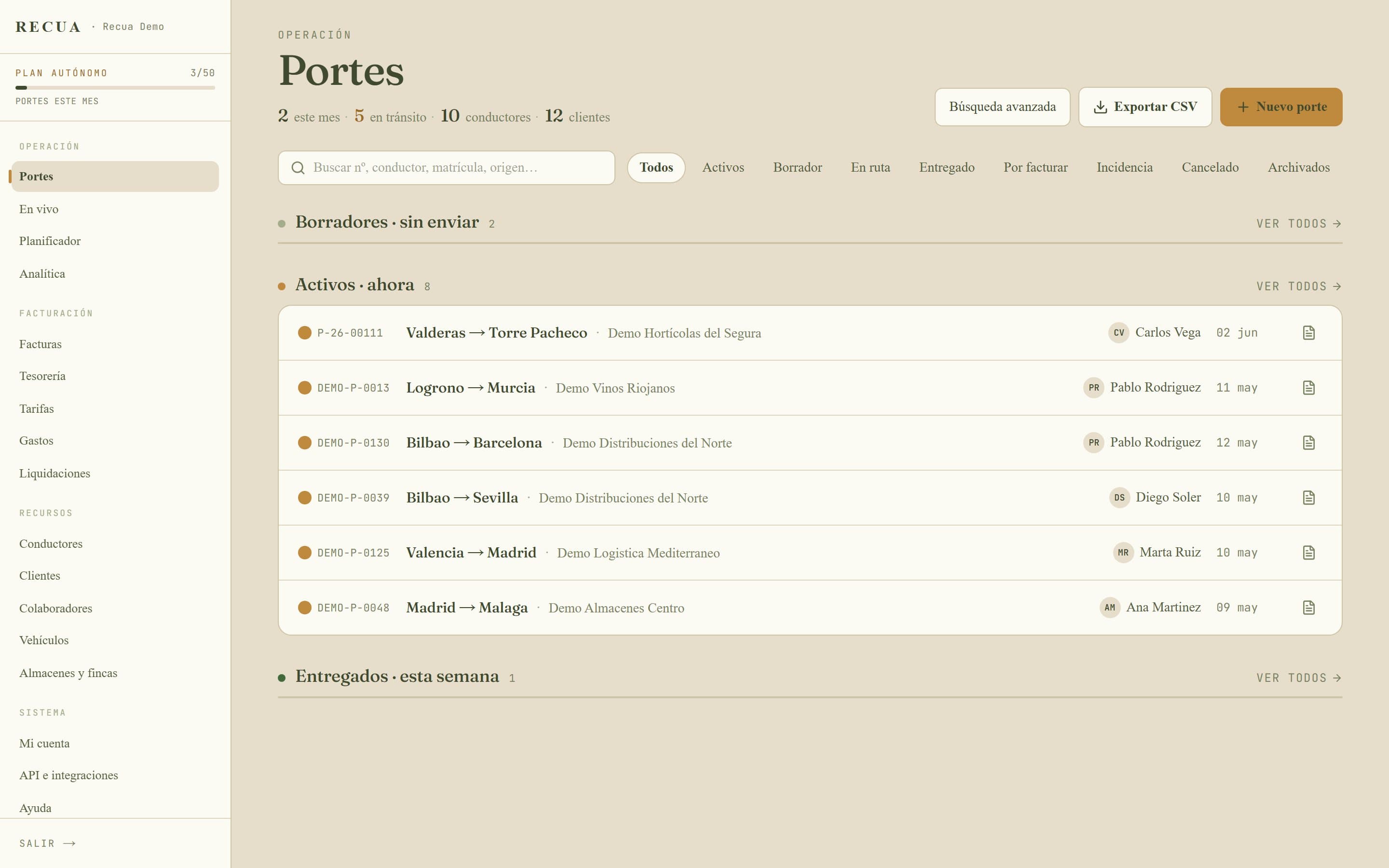 Listado de portes en Recua: borradores, activos, en ruta y entregados con buscador y export