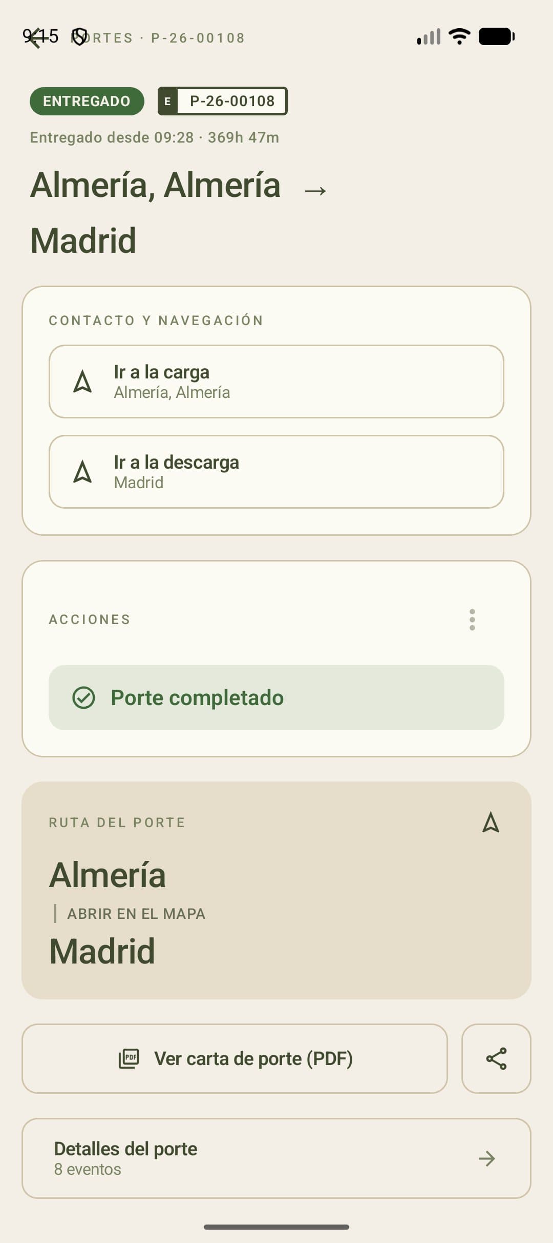 App Android de Recua: detalle del porte con navegación a carga y descarga y carta de porte en PDF